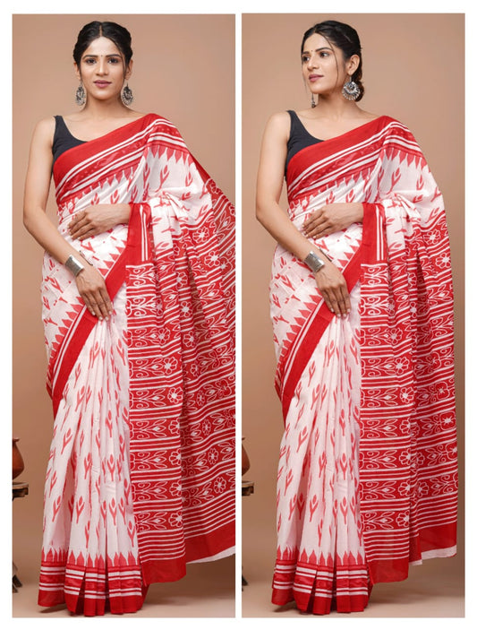 White & Red | Mul Mul Cotton Hand Block Printed Saree