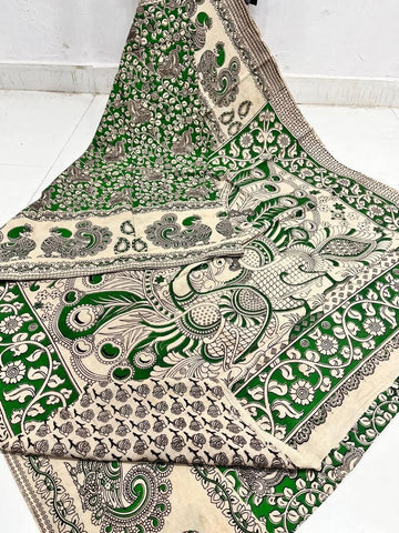 Beige & Green | Mul Mul Cotton Handmade Pedana Kalamkari Saree