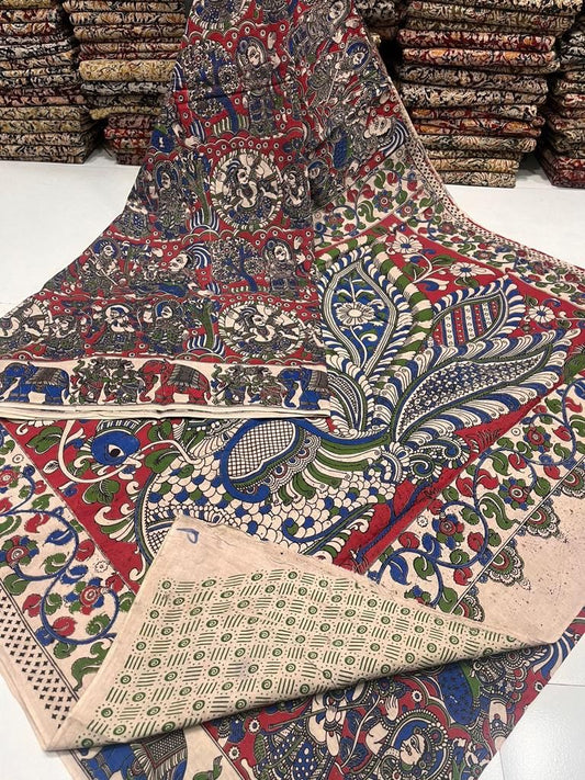 Multi Color | Mul Mul Cotton Handmade Pedana Kalamkari  Saree