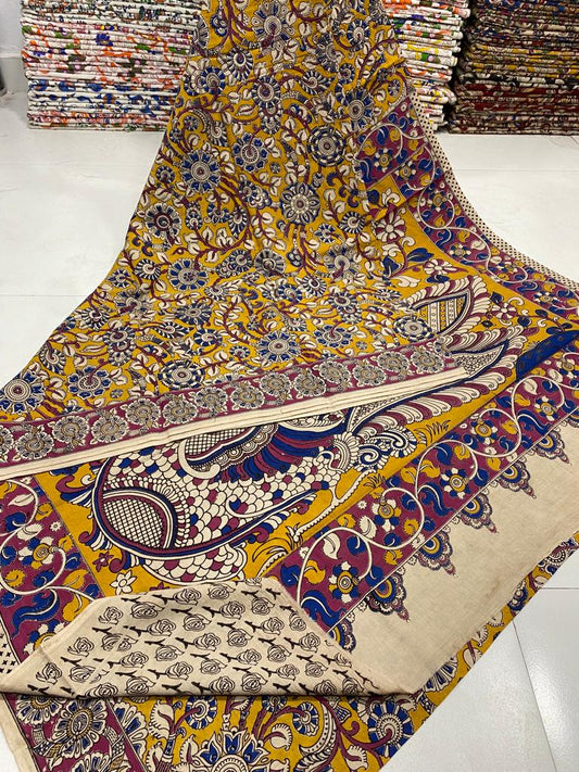 Yellow & Blue | Mul Mul Cotton Handmade Pedana Kalamkari Saree