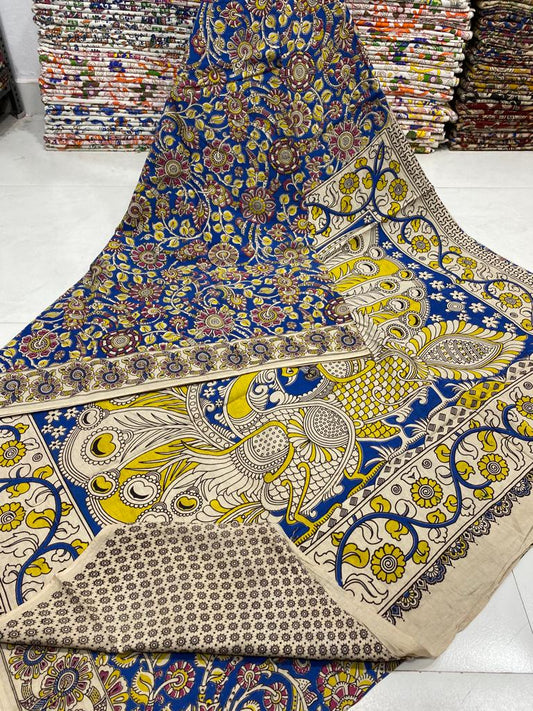 Yellow & Blue | Mul Mul Cotton Handmade Pedana Kalamkari  Saree