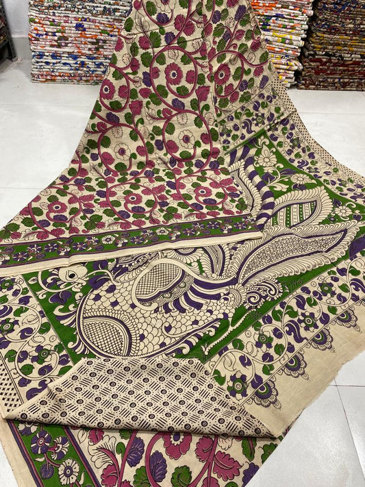 Green & Pink | Mul Mul Cotton Handmade Pedana Kalamkari  Saree