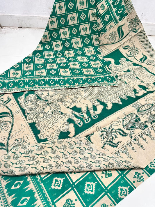 Beige & Green | Mul Mul Cotton Handmade Pedana Kalamkari  Saree