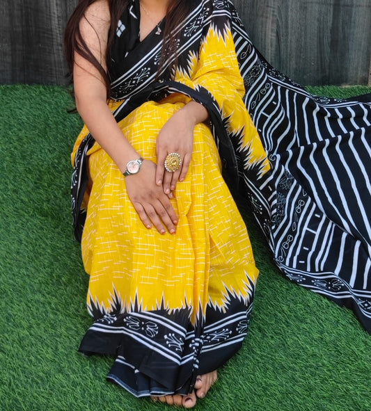 Yellow | Mul Mul Cotton Printed Saree