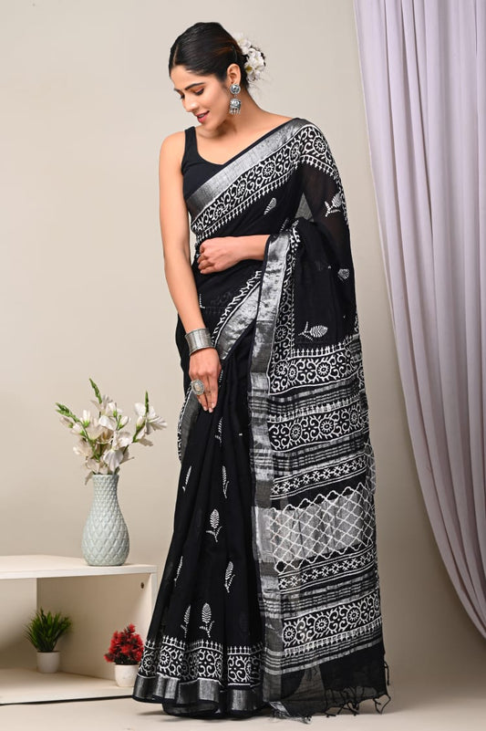 Black | Linen Bagru Handblock Print Saree