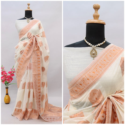 Cream | Cotton Silk Saree with Antique Gold Zari Pallu