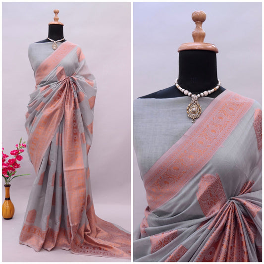 Grey | Cotton Silk Saree with Antique Copper Zari Pallu