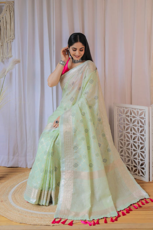 Lime Green | Cotton Silk Saree with Zari Border