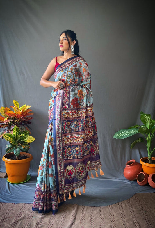 Blue | Cotton Kalamkari Printed Saree