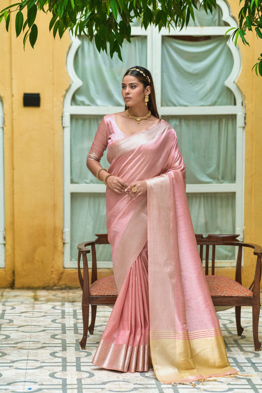 Light Pink | Soft Linen Silk Saree with Zari Woven Temple Border