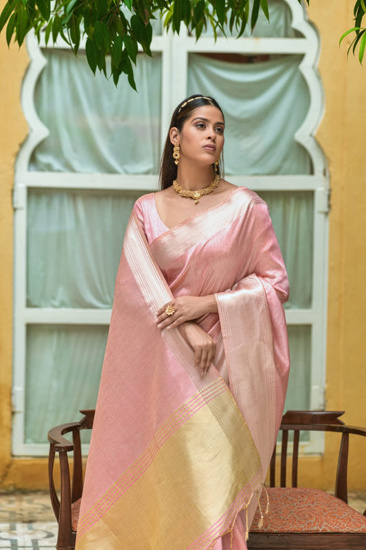 Light Pink | Soft Linen Silk Saree with Zari Woven Temple Border