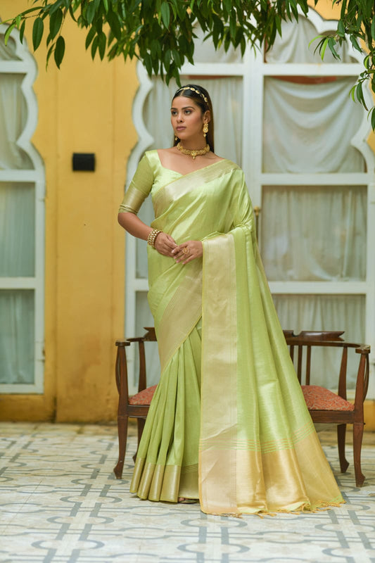 Light Green | Soft Linen Silk Saree with Zari Woven Temple Border