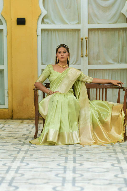 Light Green | Soft Linen Silk Saree with Zari Woven Temple Border