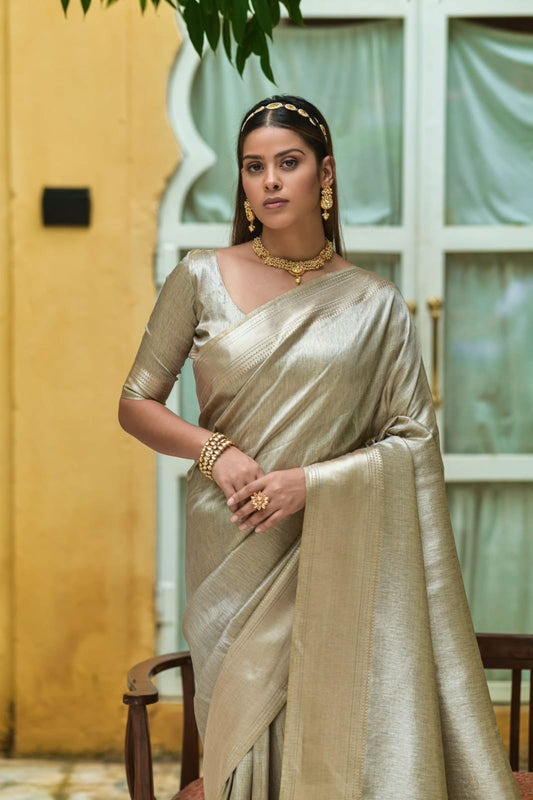 Golden | Soft Linen Silk Saree with Zari Woven Temple Border