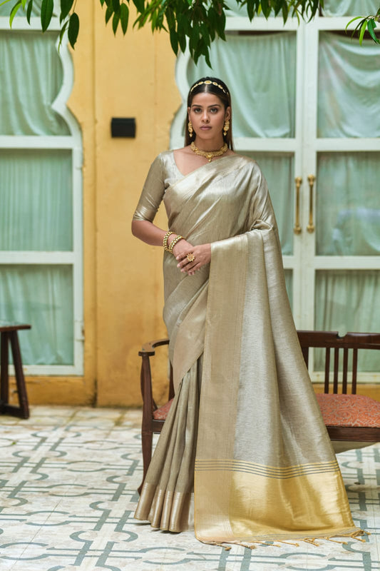 Golden | Soft Linen Silk Saree with Zari Woven Temple Border