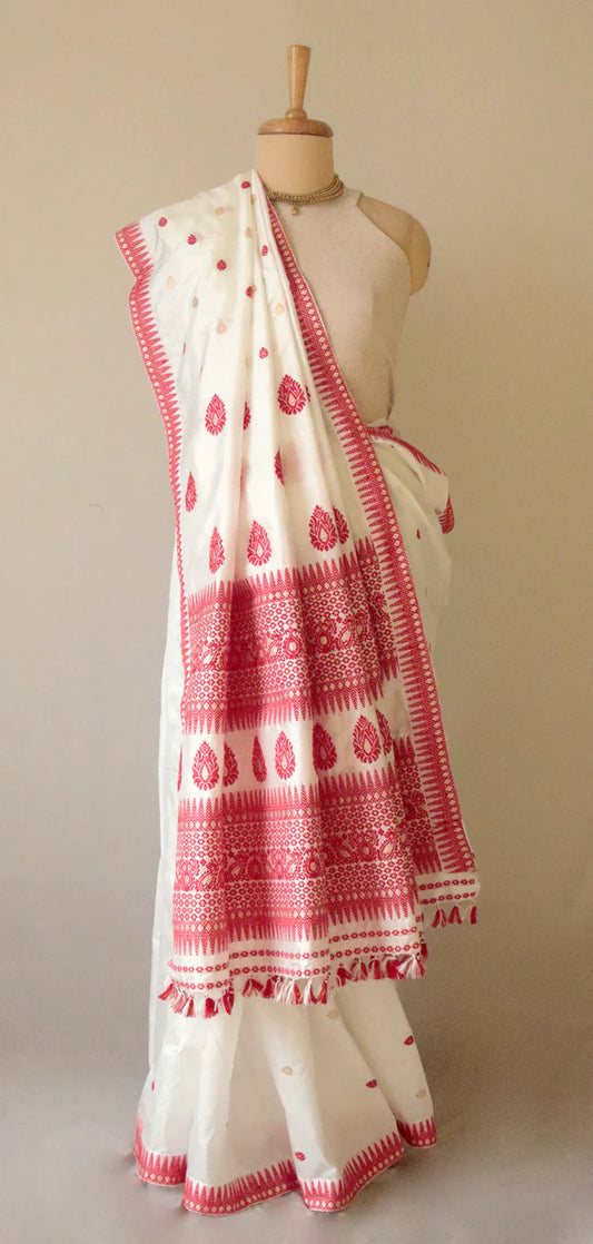 White | Pure Mulberry Silk Handloom Saree with Red Motifs