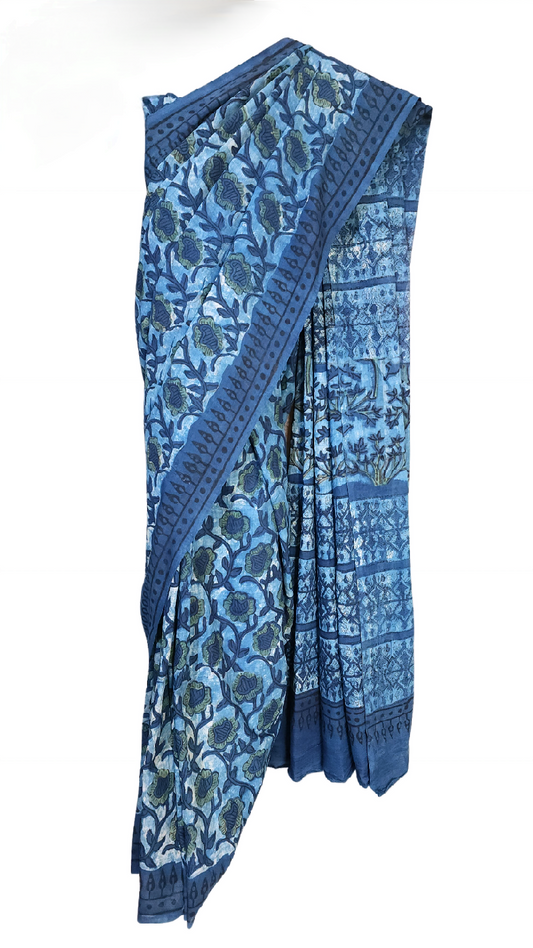 Navy Blue | Mul Mul Cotton Ajrakh Hand Block Printed Saree