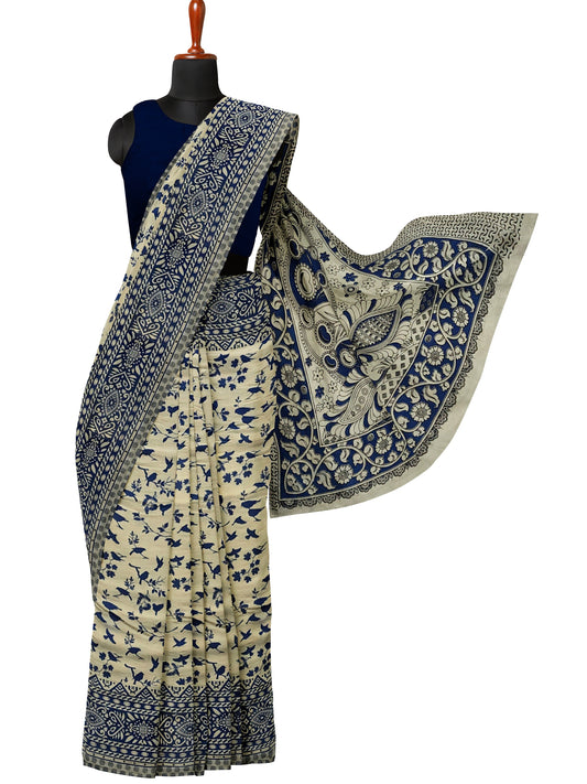 Beige & Blue | Mul Mul Cotton Handmade Pedana Kalamkari  Saree