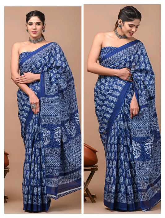 Dark Blue | Mul Mul Cotton Hand Block Printed Saree