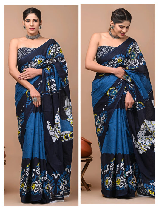 Blue & Black | Mul Mul Cotton Hand Block Printed Saree