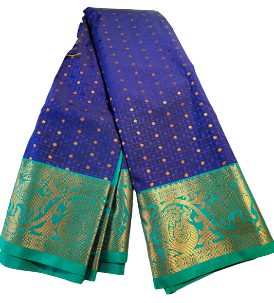 Navy Blue | Vegan Silk Saree with Broad Green Zari Border