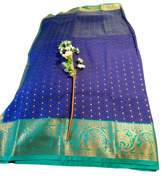 Navy Blue | Vegan Silk Saree with Broad Green Zari Border