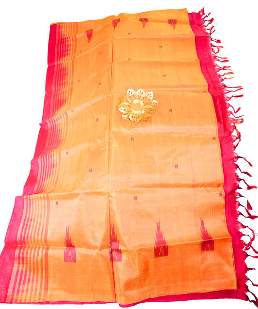 Yellowish Orange | Banana Pith Saree with Contrast Pink Pallu