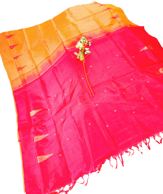 Yellowish Orange | Banana Pith Saree with Contrast Pink Pallu