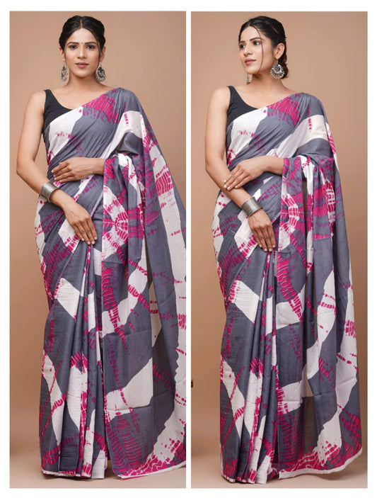 Grey & White | Mul Mul Cotton Hand Block Printed Saree