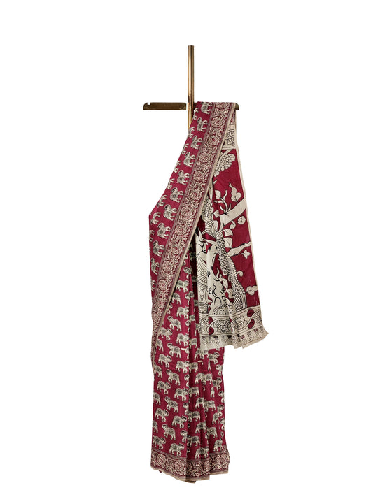 Maroon | Mul Mul Cotton Handmade Pedana Kalamkari Saree