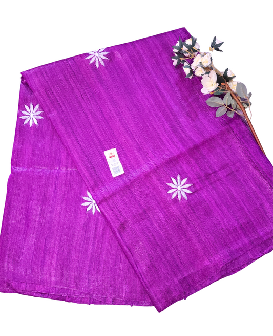 Purple | Pure Tussar Ghicha Silk Sarees Embroidery Saree with Silk Mark