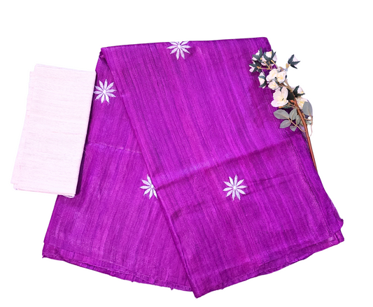 Purple | Pure Tussar Ghicha Silk Sarees Embroidery Saree with Silk Mark