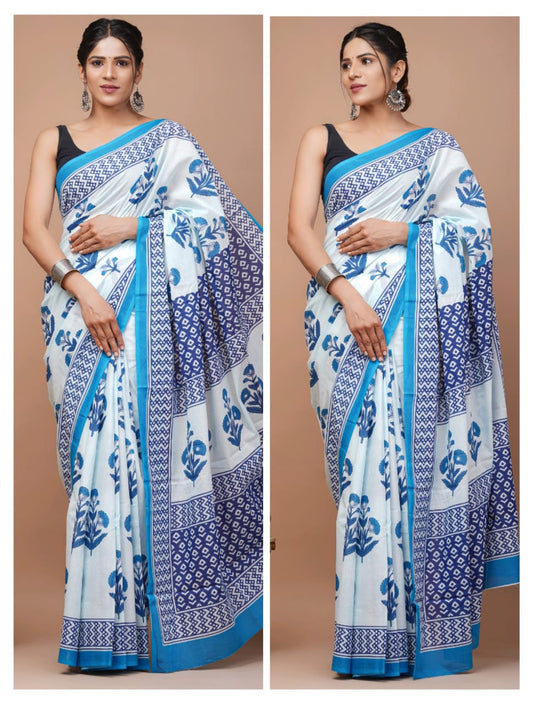 White & Blue | Mul Mul Cotton Hand Block Printed Saree